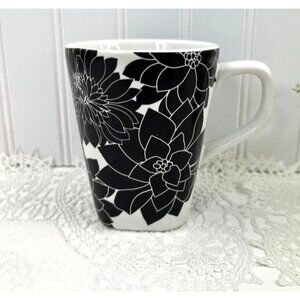 Cynthia Rowley Black & White Floral Ceramic Coffee Mugs Set Of 4